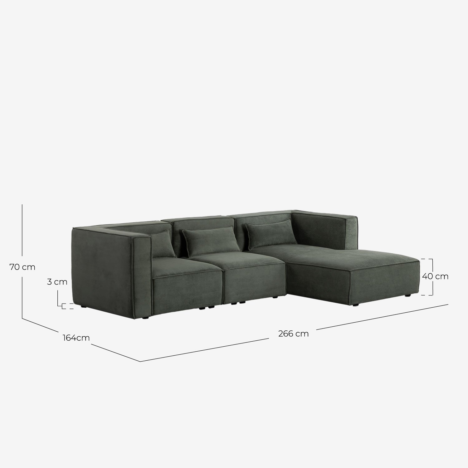 Divano a Chaise Longue Modulare in Velluto a Coste Kilhe, Misure