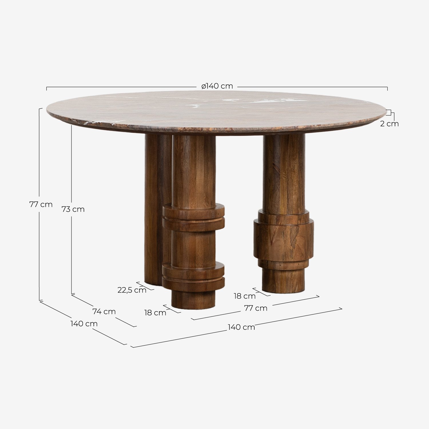 Tavolo da Pranzo Rotondo in Marmo Bidasar e Legno di Mango (Ø140 cm) Atenas, Misure