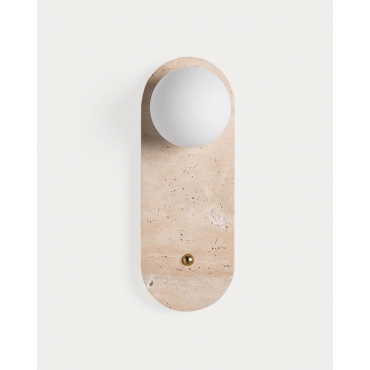 Applique Da Parete In Travertino Giallo Con Paralume In Vetro E Interruttore A Tirante – Base In Legno Noce, Testa Girevole, Perfetta Per Stile Nordico O Wabi-Sabi