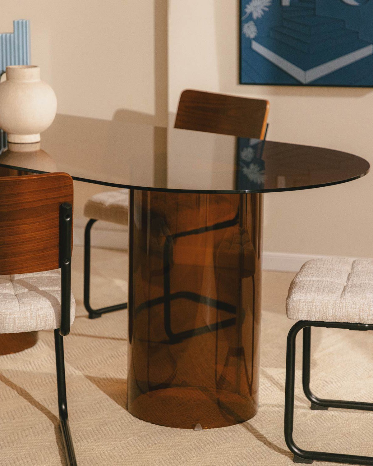 Set di Tavolo da Pranzo Ovale in Vetro Temperato (200x90 cm) Kolu e 4 Sedie in Legno e Tessuto Cuba , immagine della galleria 3