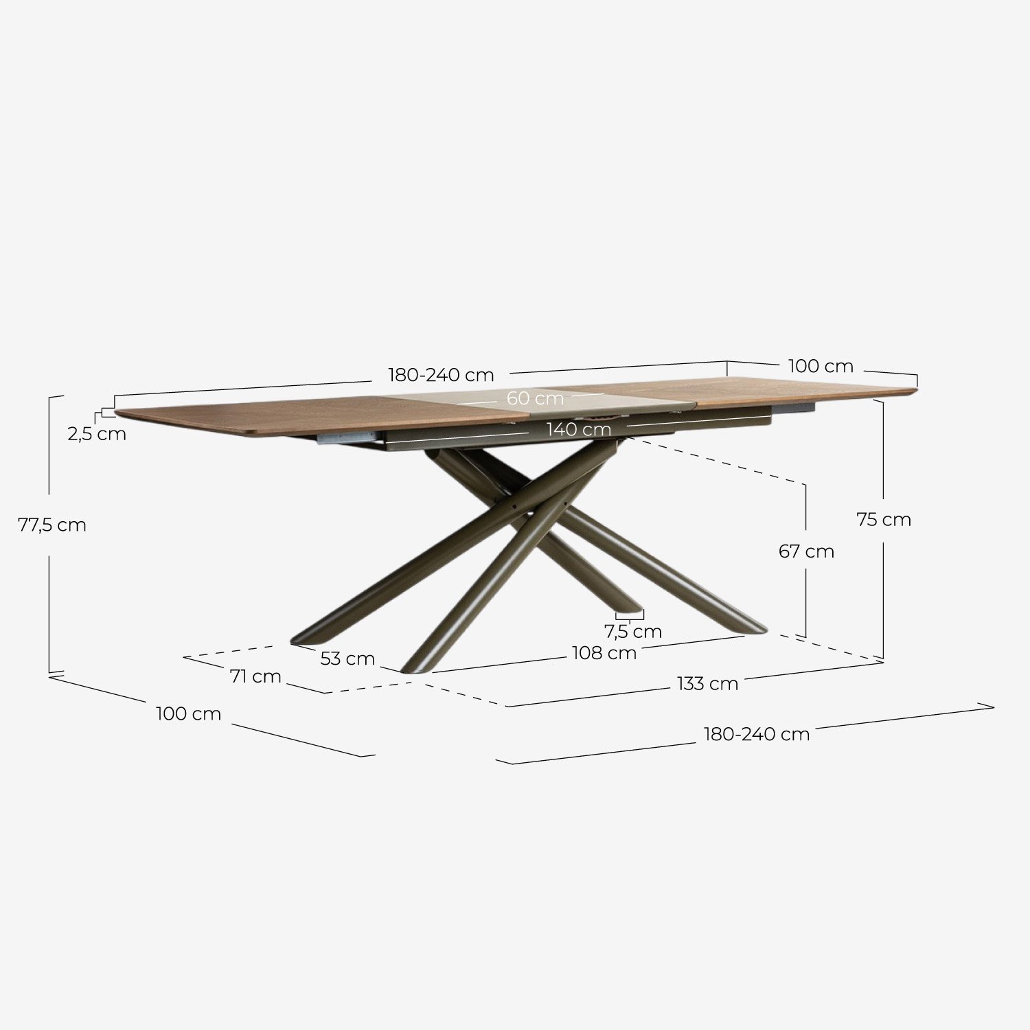 Tavolo da Pranzo Rettangolare Allungabile in Legno e Metallo (180-240x100 cm) Bilal, Misure