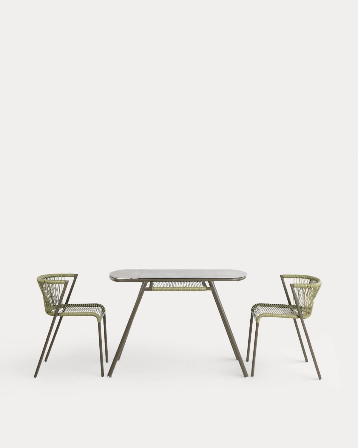 Tavolo Ovale (105x55 cm) e 2 Sedie Impilabili in Metallo e Rattan Sintetico per uso Esterno Paolo, immagine della galleria 1