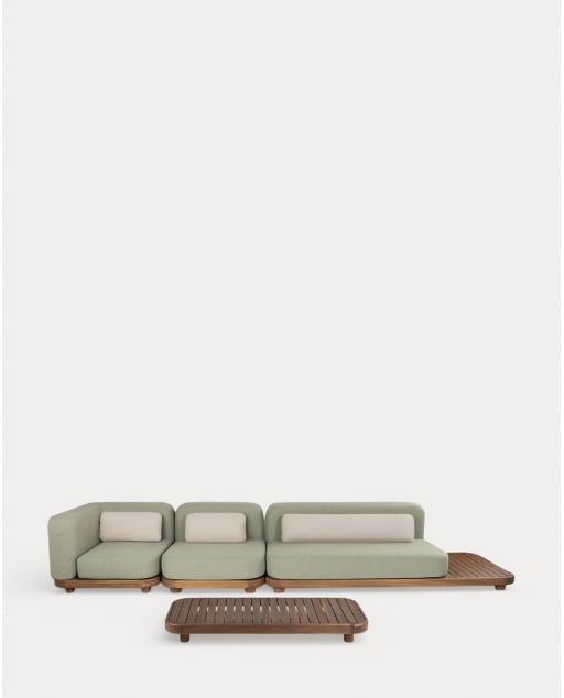 Set da Giardino con Modulo Divano, Modulo Centrale, Modulo Angolare e Tavolino in Legno di Acacia e Tessuto Redik - Verde Nori