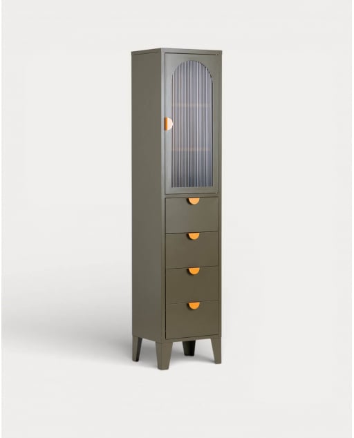 Vetrina con 1 Anta e 4 Cassetti Realizzata in Acciaio Laminato e Vetro Andrius