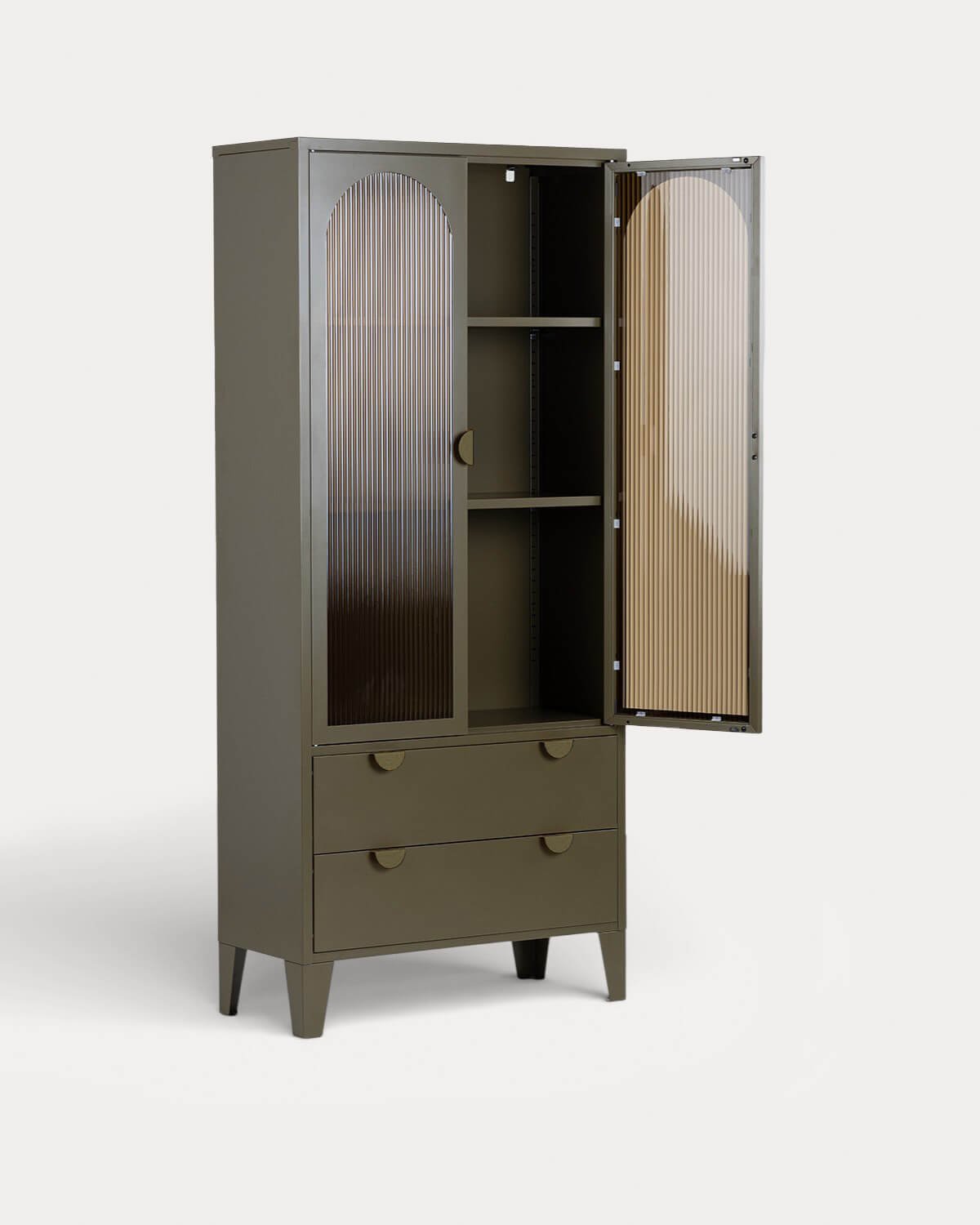 Credenza Alta con 2 Ante e 2 Cassetti in Acciaio Laminato e Vetro Andrius, immagine della galleria 2