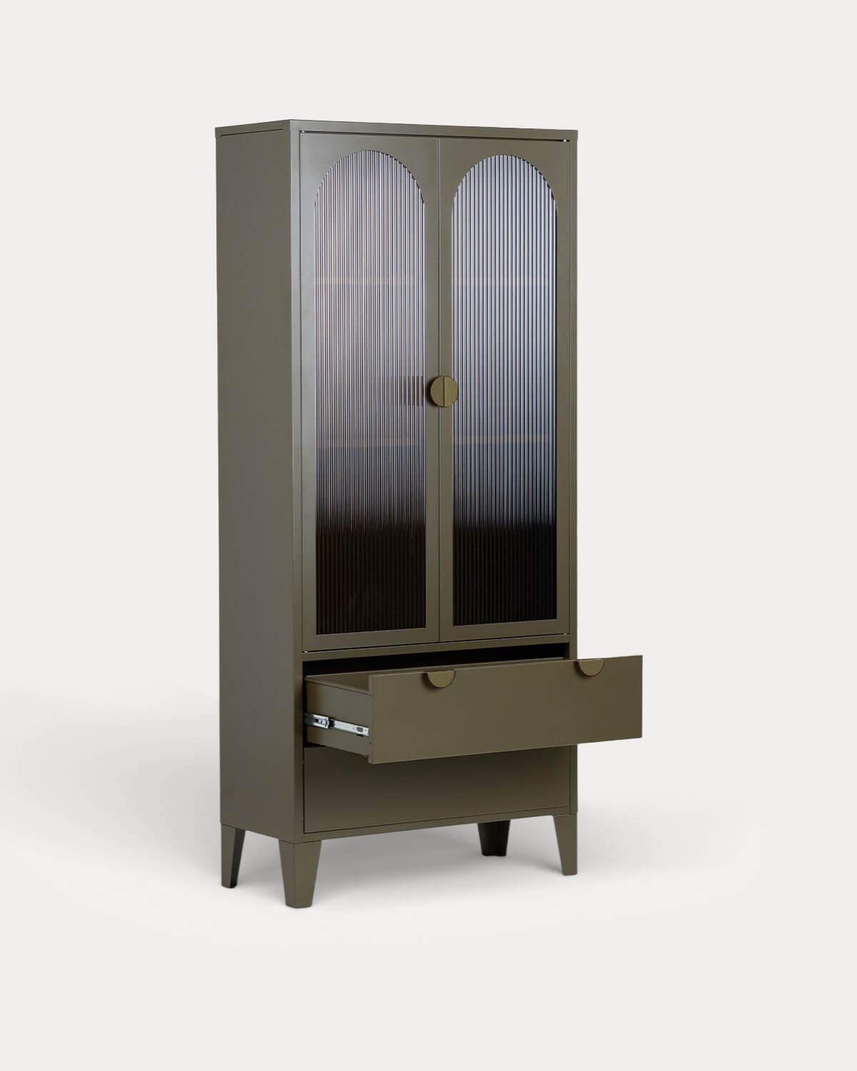 Credenza Alta con 2 Ante e 2 Cassetti in Acciaio Laminato e Vetro Andrius, immagine della galleria 3