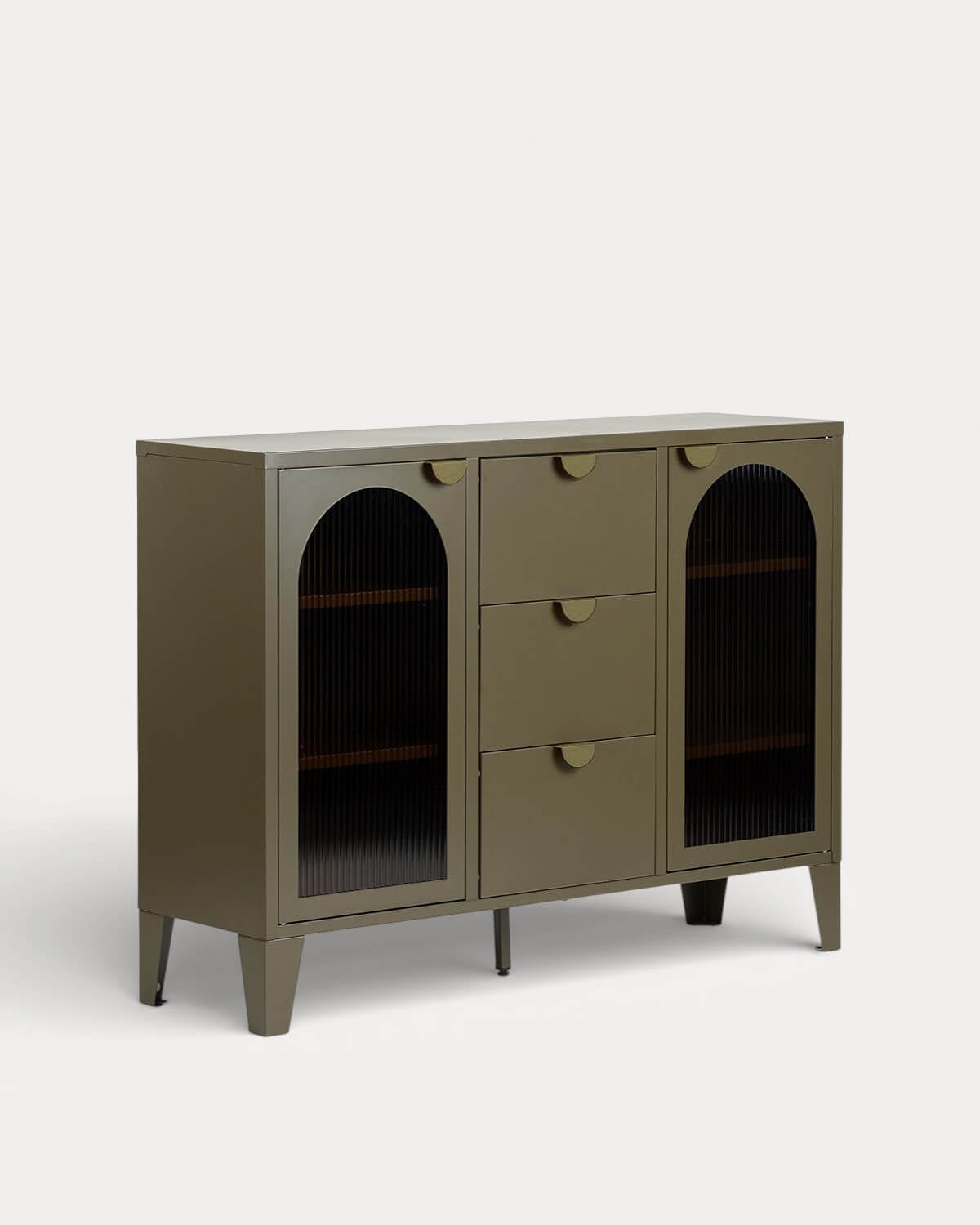 Credenza Bassa con 2 Ante e 3 Cassetti 120x35 cm Acciaio Laminato e Vetro Andrius, immagine della galleria 1