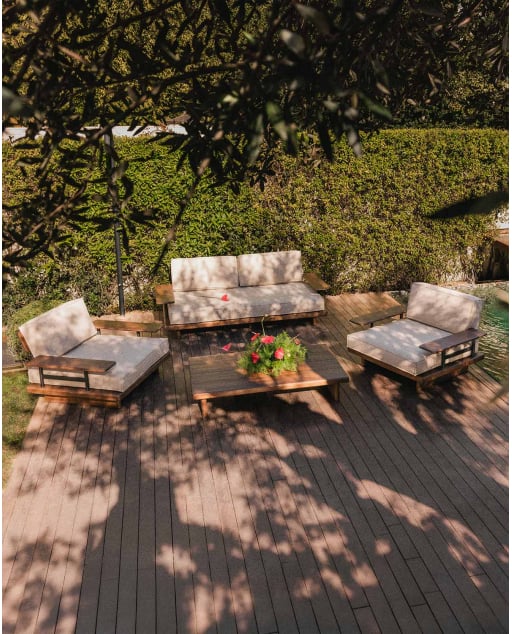 Set da Giardino con Divano a 2 Posti, 2 Poltrone e Tavolino in Legno di Acacia e Metallo Ayanis