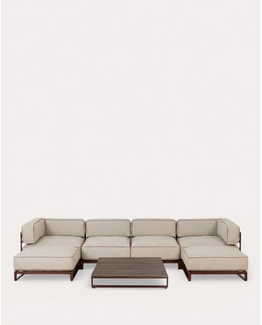 Set da Giardino con 2 Moduli Angolari, 2 Moduli Centrali, 2 Moduli Pouf e Tavolino da Caffè in Metallo e Tessuto Kristen - Beige Seashell