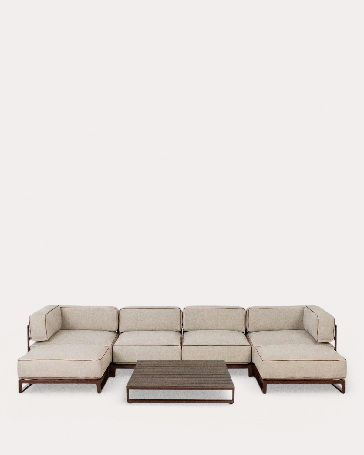 Set da Giardino con 2 Moduli Angolari, 2 Moduli Centrali, 2 Moduli Pouf e Tavolino da Caffè in Metallo e Tessuto Kristen