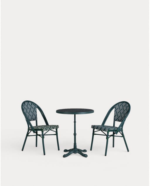 Set Tavolo Rotondo (Ø60 cm) e 2 Sedie da Esterno in Metallo e Rattan Sintetico Yona Bistro