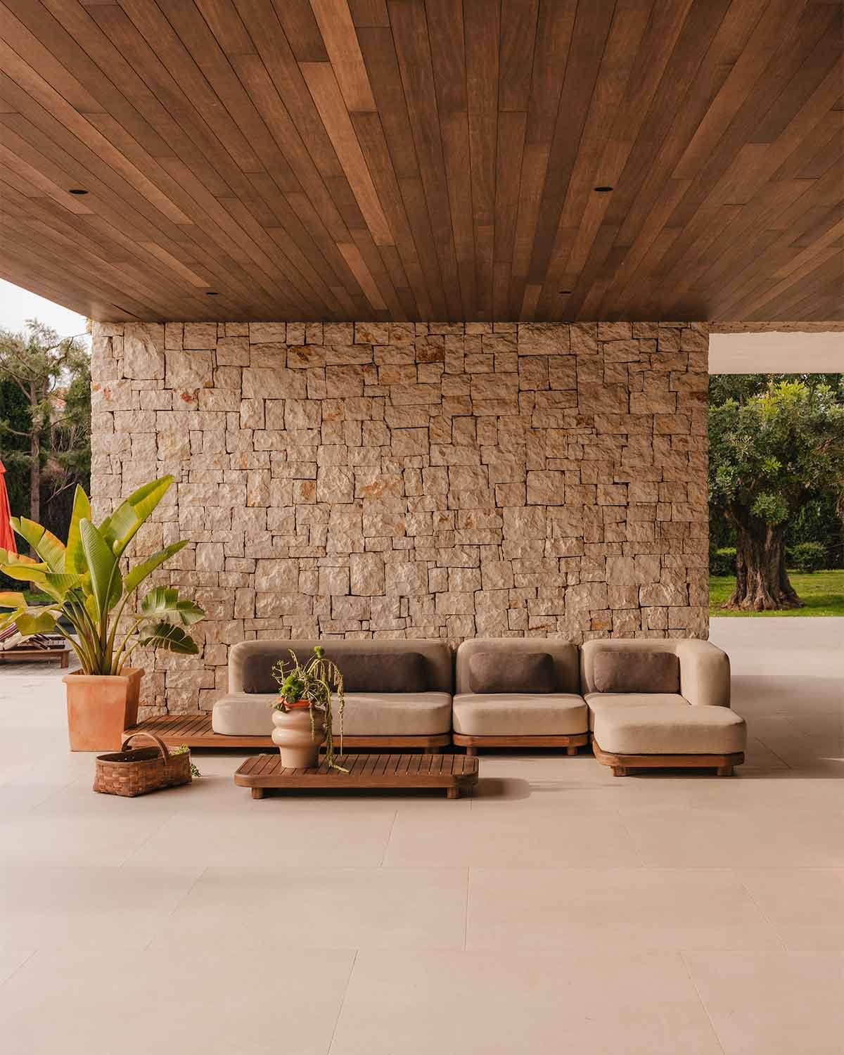 Set da Giardino con Modulo Divano, Divano Centrale, Divano Angolare, Pouf e Tavolino in Legno di Acacia e Tessuto Redik, immagine della galleria 2