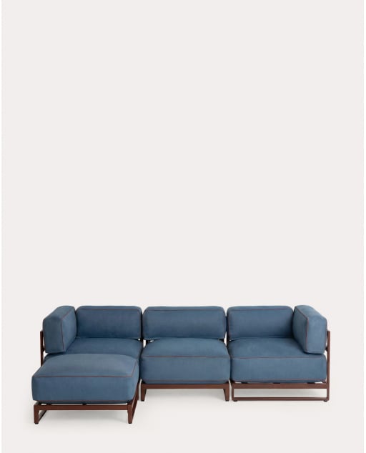 Divano da Giardino Modulare a 3 Pezzi con 2 Moduli Angolari e Modulo Centrale con Pouf in Metallo e Tessuto Kristen
