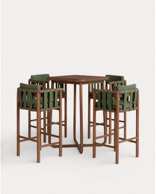 Set Tavolo da Pranzo Alto (70x70 cm) e 4 Sgabelli Alti in Legno di Eucalipto e Tessuto Edvard