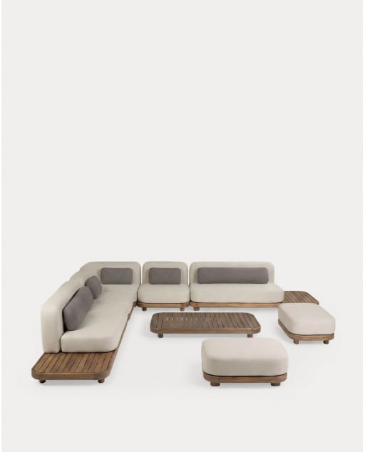 Set da Giardino da 7 Pezzi Divano, Divano Centrale, Divano Angolare, Pouf e Tavolino in Legno di Acacia e Tessuto Redik