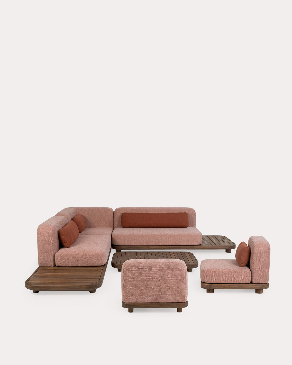Set da Giardino con 2 Moduli Divano, Modulo Angolare, 2 Moduli Centrali e Tavolino in Legno di Acacia e Tessuto Redik