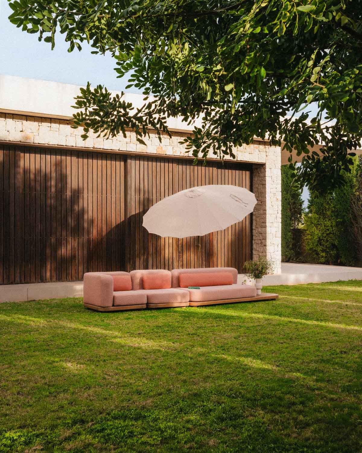 Set Divani da Giardino Modulari da 3 Pezzi Modulo Divano, Modulo Centrale e Modulo Angolare in Legno di Acacia e Tessuto Redik, immagine della galleria 2