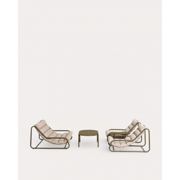 Set da Giardino con Divano a 2 Posti, 2 Poltrone, 1 Tavolino da Caffè e 1 Tavolino Laterale in Metallo e Tessuto Jazmin Beige Seashell - The Masie