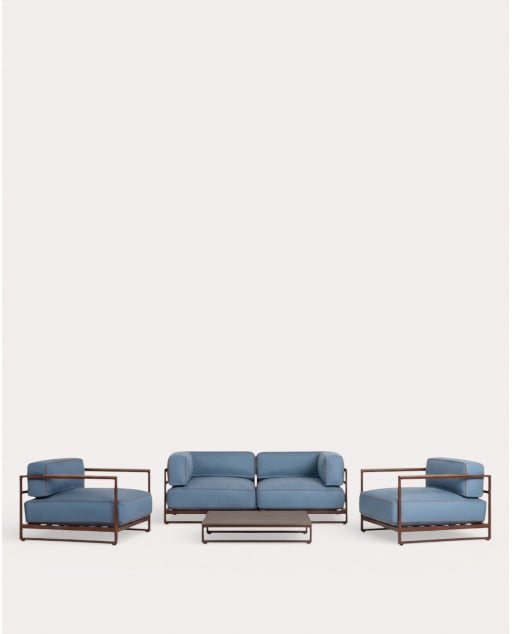 Set da Giardino con 2 Moduli Angolari, 2 Poltrone e Tavolino da Caffè in Metallo e Tessuto Kristen - Blu Silvery