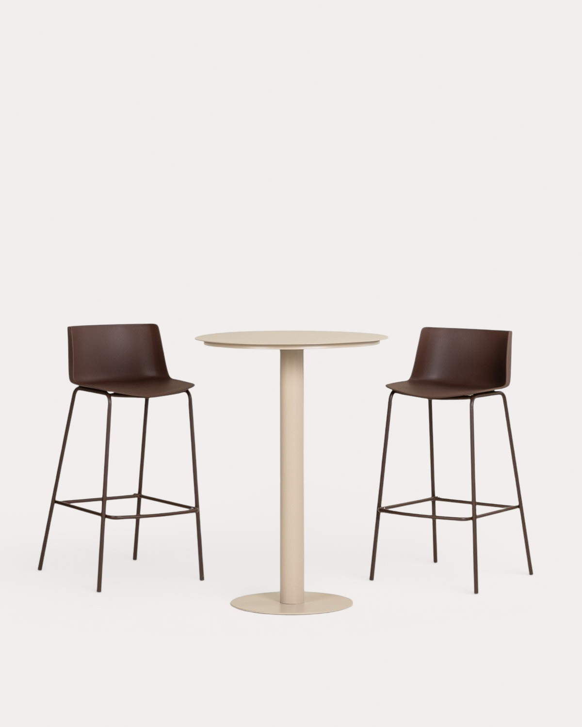 Set Tavolo Alto Rotondo in Metallo (Ø70 cm) Banon e 2 Sgabelli Alti in Polipropilene (74 cm) Meivy per Esterno, immagine della galleria 1