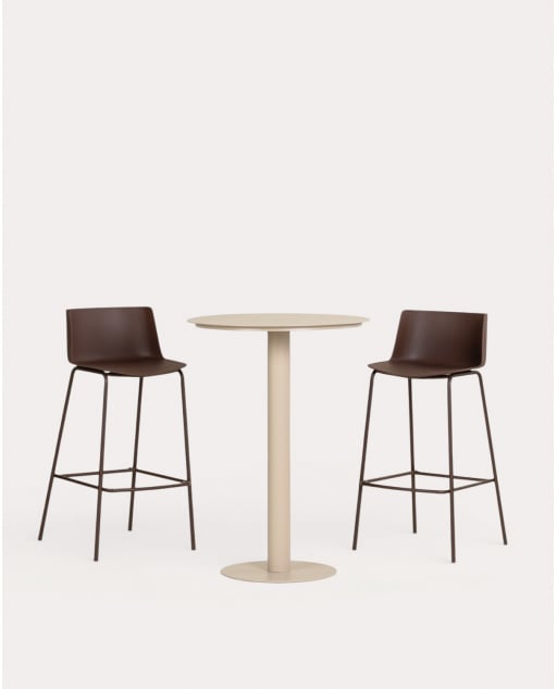 Set Tavolo Alto Rotondo in Metallo (Ø70 cm) Banon e 2 Sgabelli Alti in Polipropilene (74 cm) Meivy per Esterno