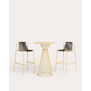 Set Tavolo Alto Rotondo (Ø70 cm) Nouli e 2 Sgabelli Alti in Metallo (75 cm) Mayailer per Uso Esterno Giallo Wheat - The Masie