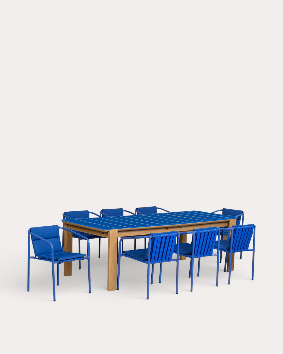 Set Tavolo Rettangolare Allungabile Ubel (225-330x100 cm) e 8 Sedie da Esterno Vinke con Braccioli in Metallo e Tessuto, immagine della galleria 1