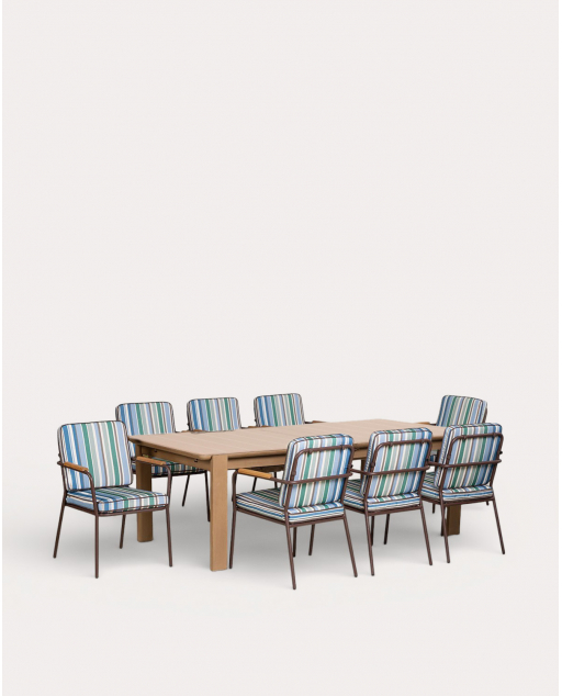 Set Tavolo Rettangolare Estensibile in Legno Ubel (225-330x100 cm) e 8 Sedie da Esterno con Braccioli in Metallo Edimbra