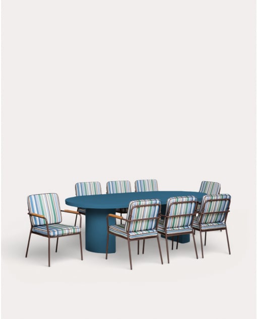 Set Tavolo Estensibile Beca (Ø120-240x120 cm) e 8 Poltrone da Esterno in Metallo Edimbra