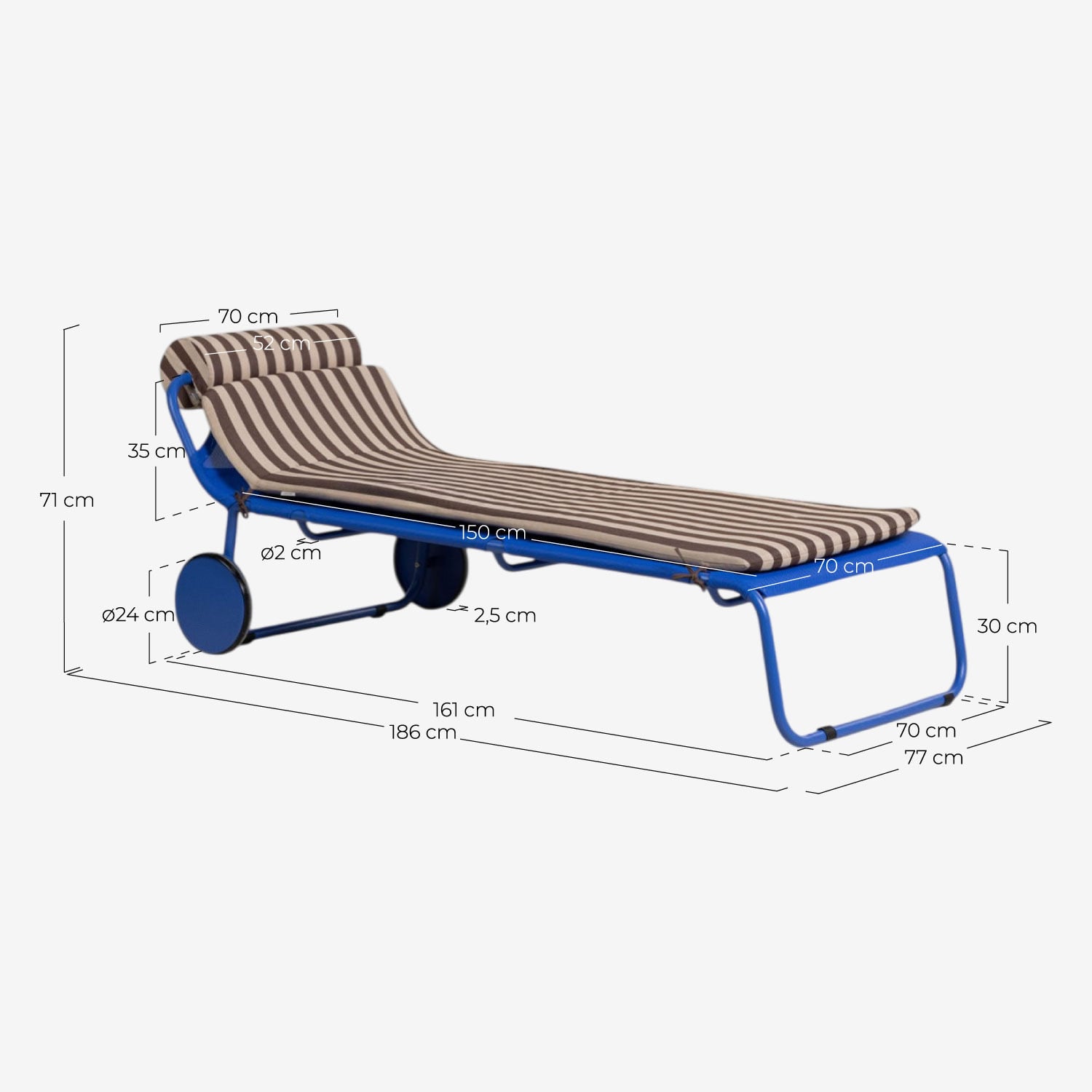 Pack da 2 Lettini Prendisole con Ruote in Alluminio e Tessuto Mitha, Misure