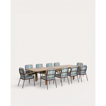 Set Tavolo Rettangolare Estensibile in Legno Ubel (225-330x100 cm) e 10 Sedie da Esterno con Braccioli in Metallo Edimbra Marrone Clay - The Masie