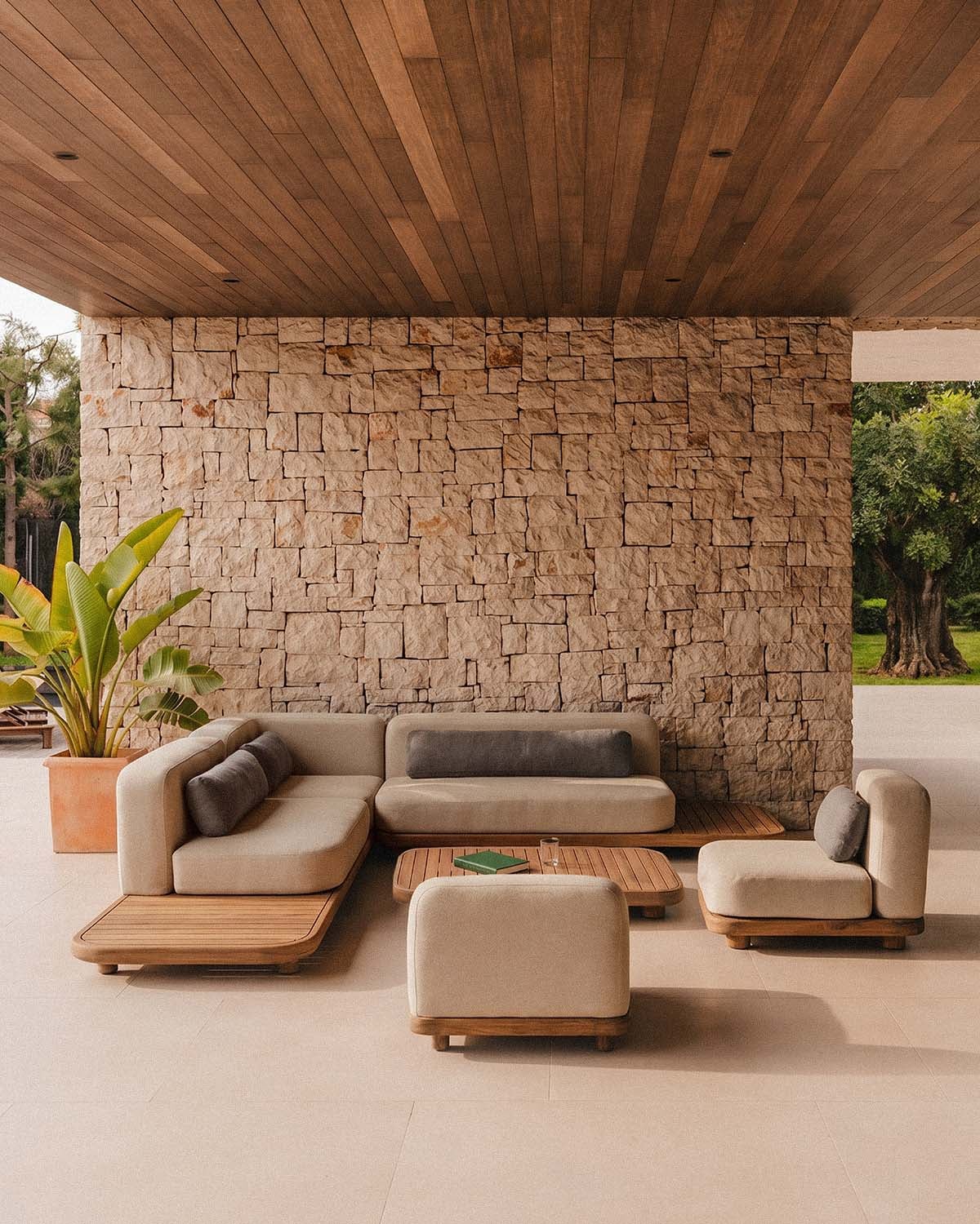 Set da Giardino con 2 Moduli Divano, Modulo Angolare, 2 Moduli Centrali e Tavolino in Legno di Acacia e Tessuto Redik, immagine della galleria 2