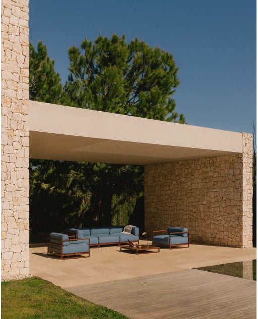 Set da Giardino con 2 Moduli Angolari, Modulo Centrale, 2 Poltrone e Tavolino in Metallo e Tessuto Kristen