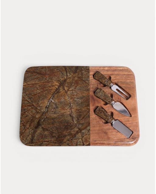 Set tagliere per formaggi in marmo e legno di acacia con 3 coltelli Serbal