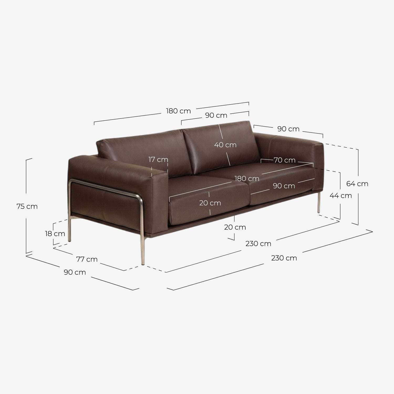 Divano a 3 Posti in Metallo e Similpelle Jahir, Misure