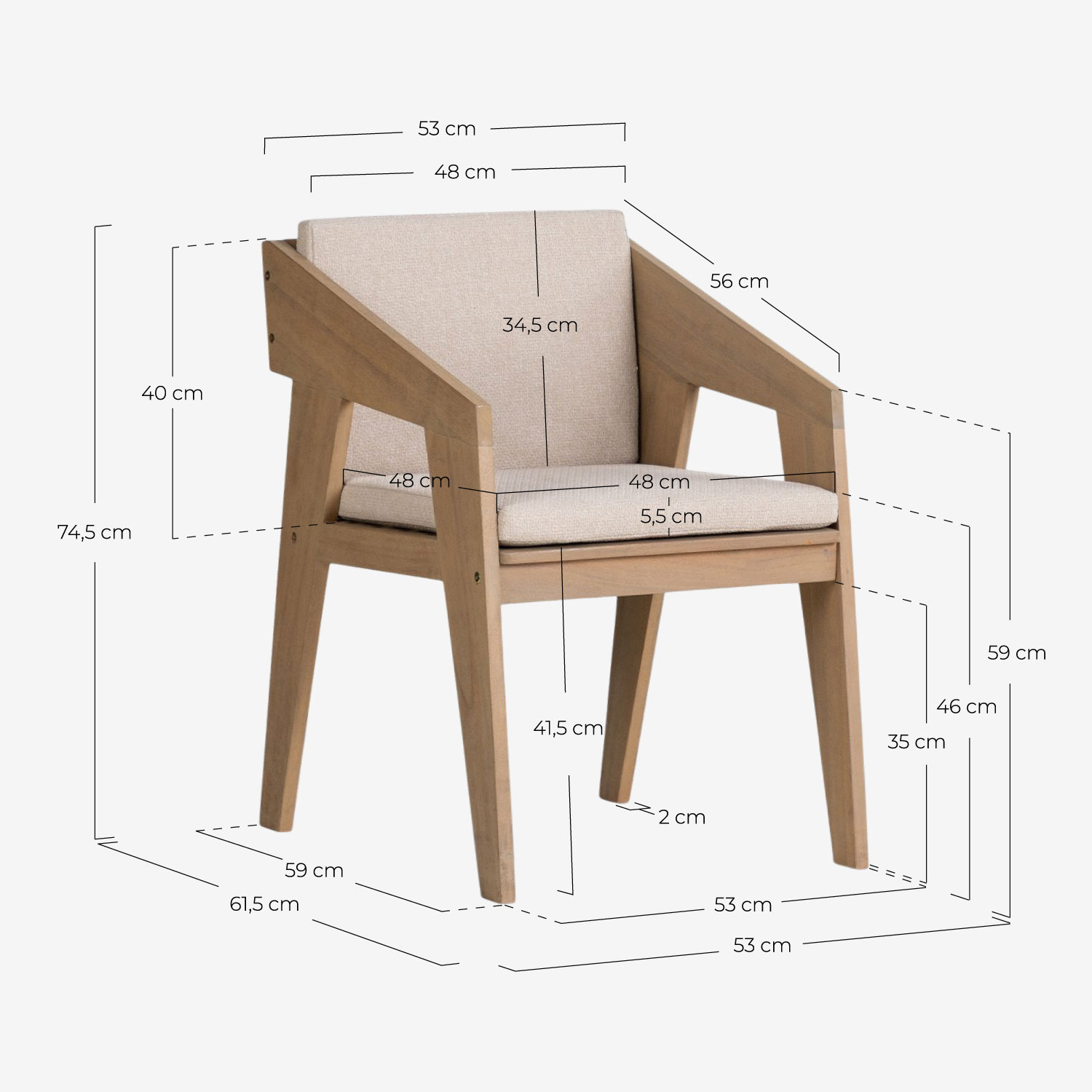 Sedia da Pranzo in Legno di Acacia con Braccioli Tanon, Misure