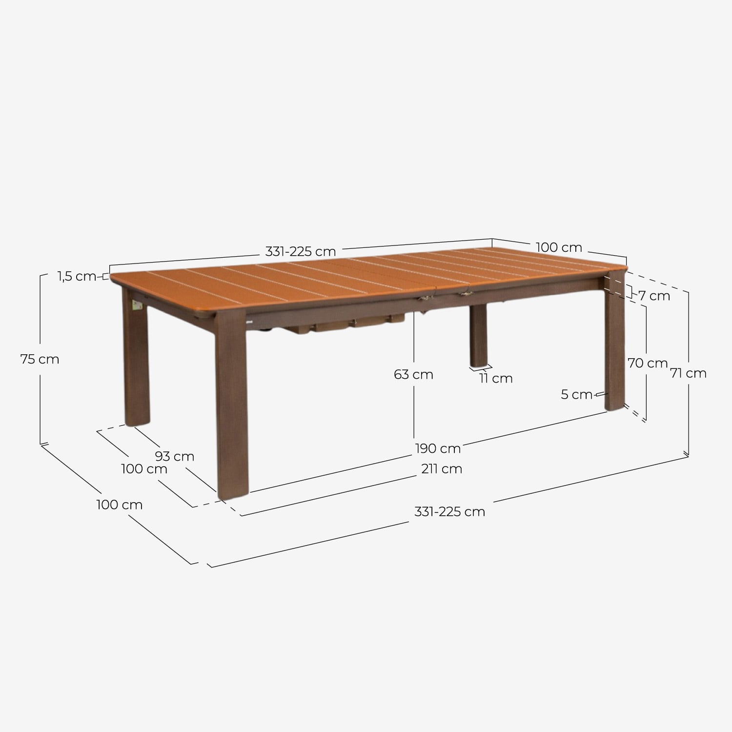 Tavolo da Esterno Rettangolare Allungabile in Cemento e Legno di Acacia (225-330x100 cm) Ubel, Misure