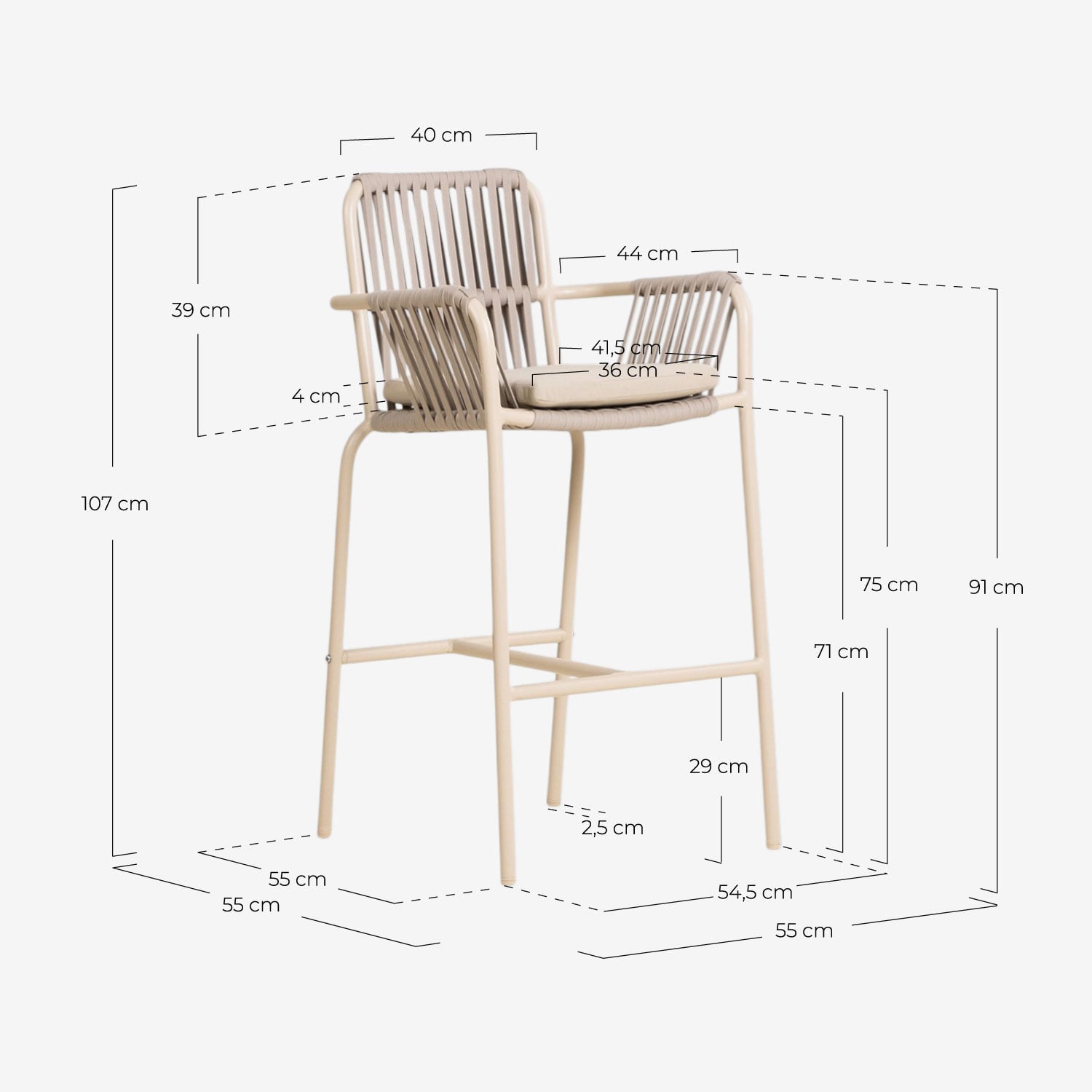 Sgabello Alto da Esterno in Alluminio e Corda (75 cm) Drian, Misure