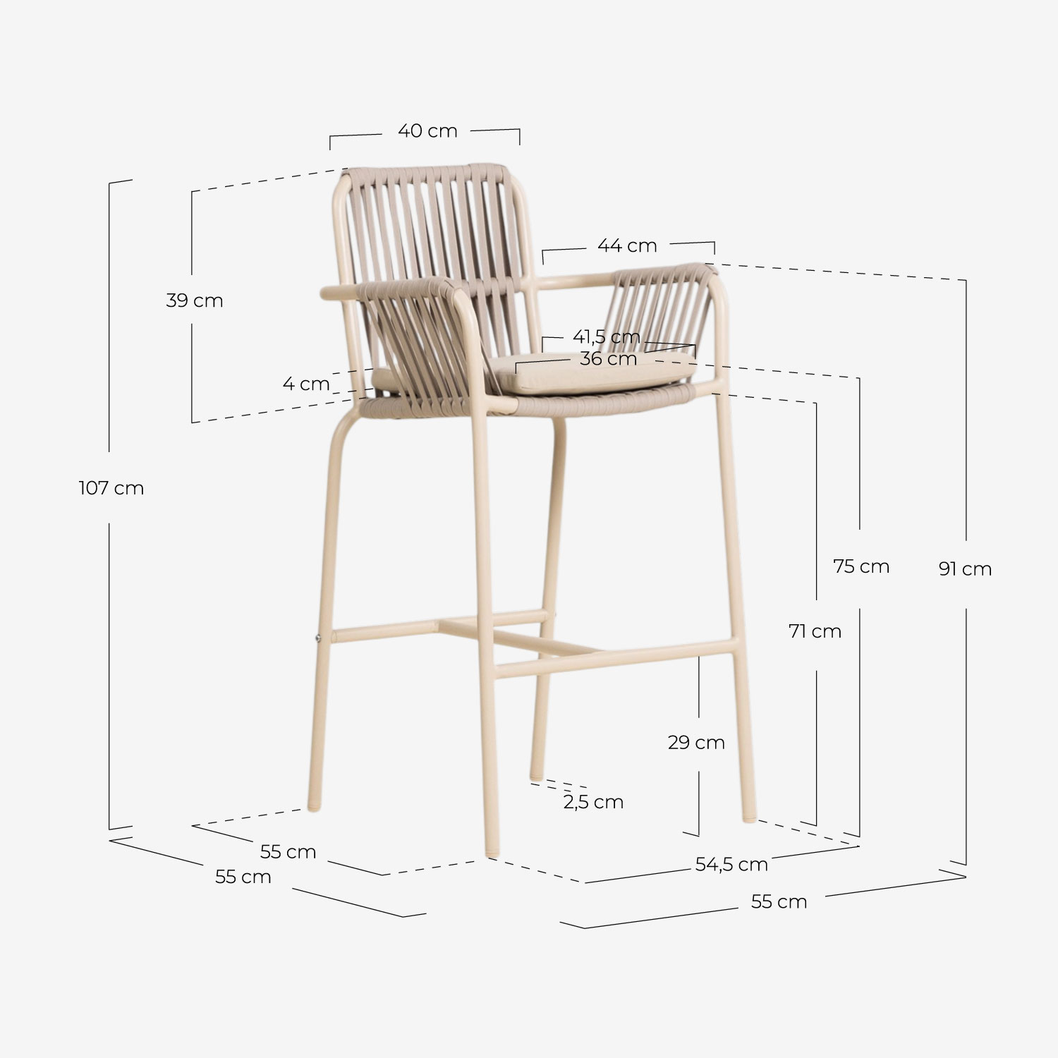 Pack 4 Sgabelli Alti da Esterno in Alluminio e Corda (75 cm) Drian, Misure