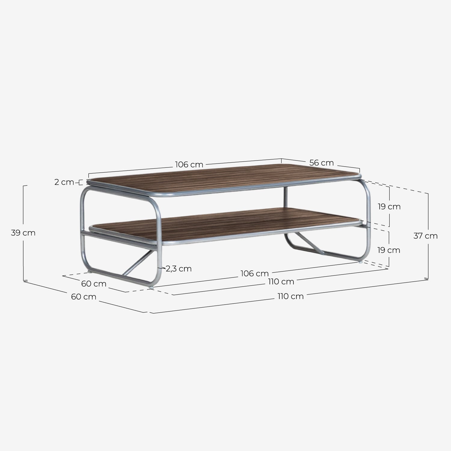 Tavolino Rettangolare in Legno di Acacia e Metallo (110x60 cm) Ahrus, Misure