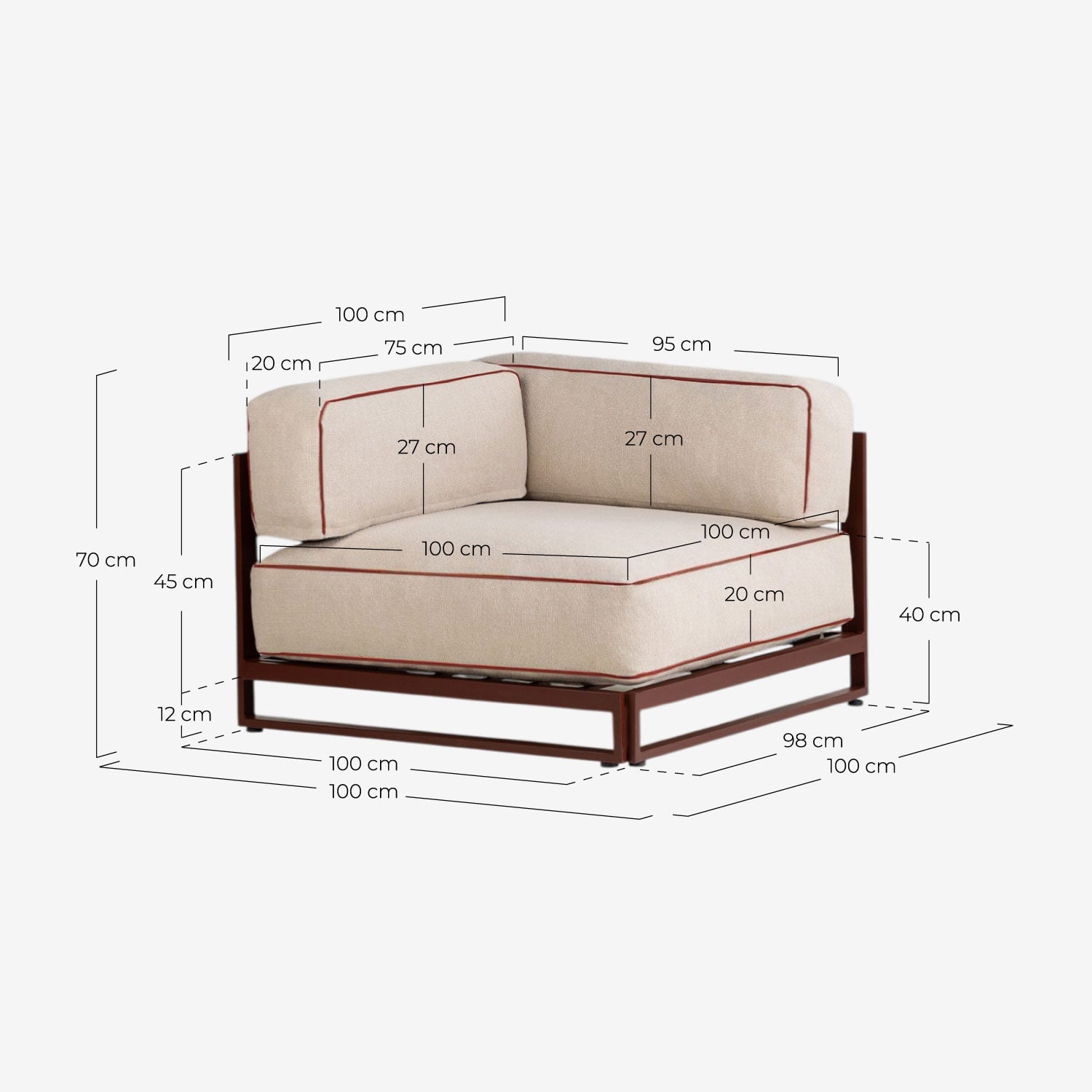 Divano da Giardino Modulare a 2 Pezzi Modulo Angolare e Modulo Centrale con Pouf in Metallo e Tessuto Kristen, Misure