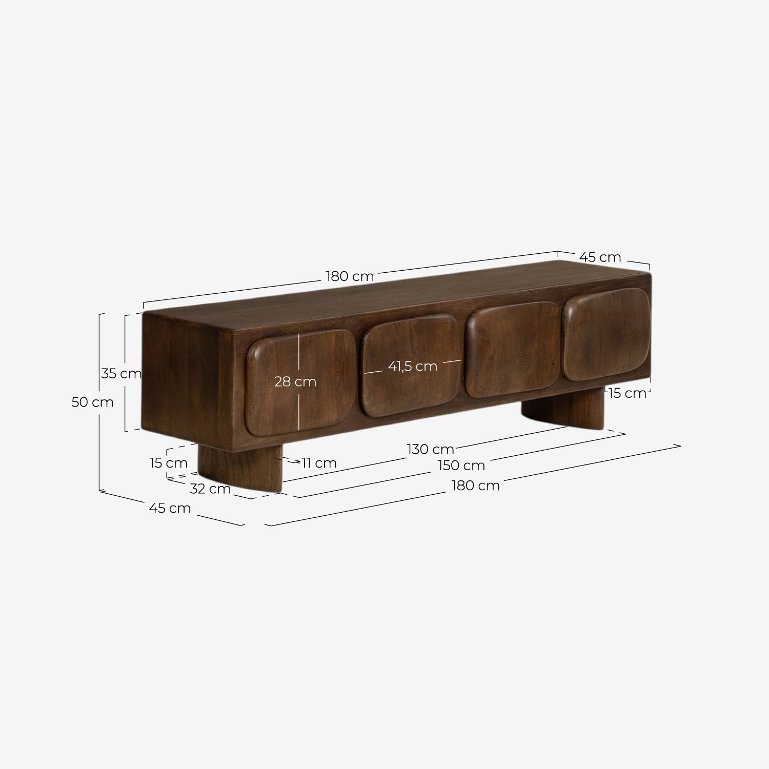 Mobile TV a 4 ante in Legno di Mango (180x50 cm) Orlean, Misure