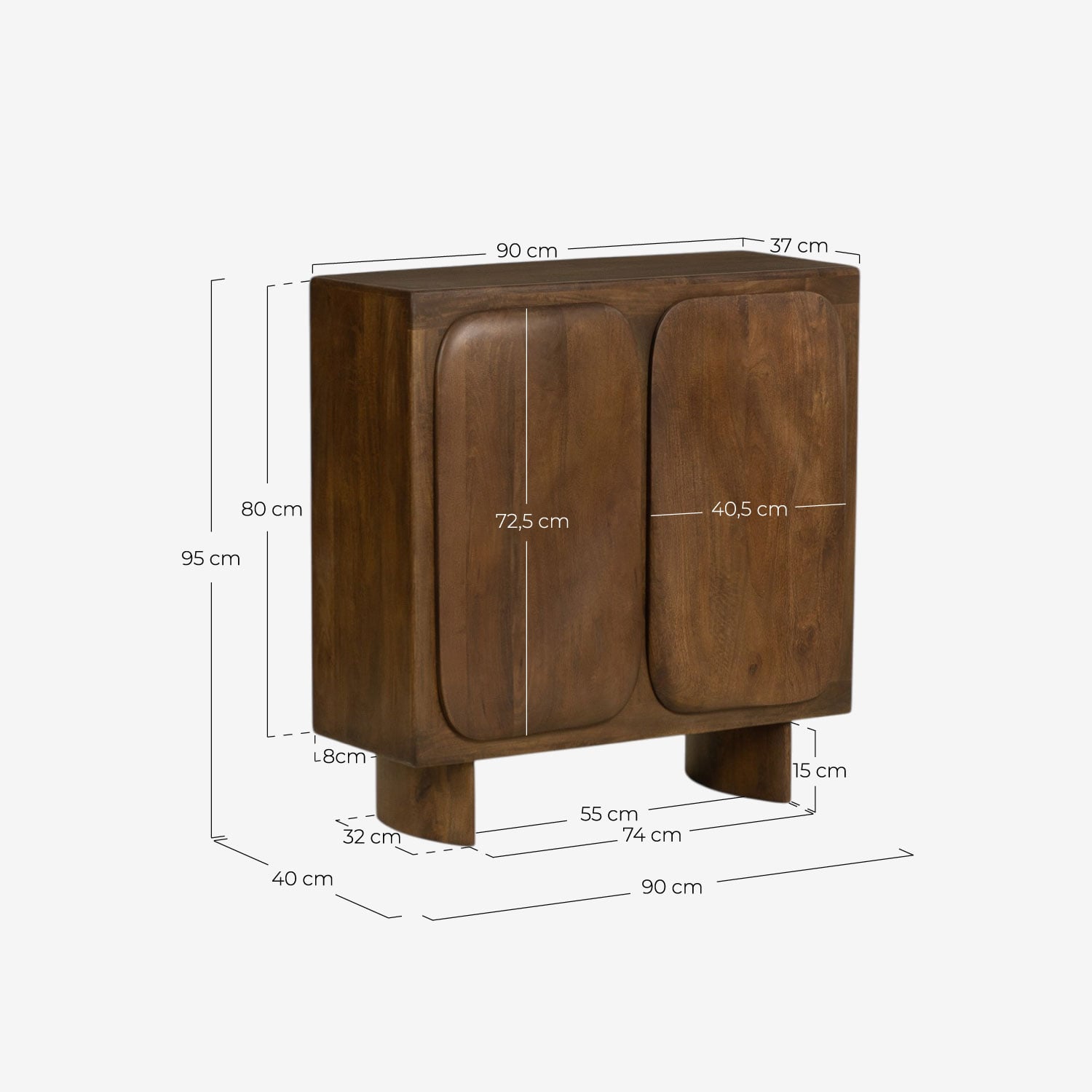 Credenza Bassa con 2 90x40 cm Ante in Legno di Mango Orlean, Misure