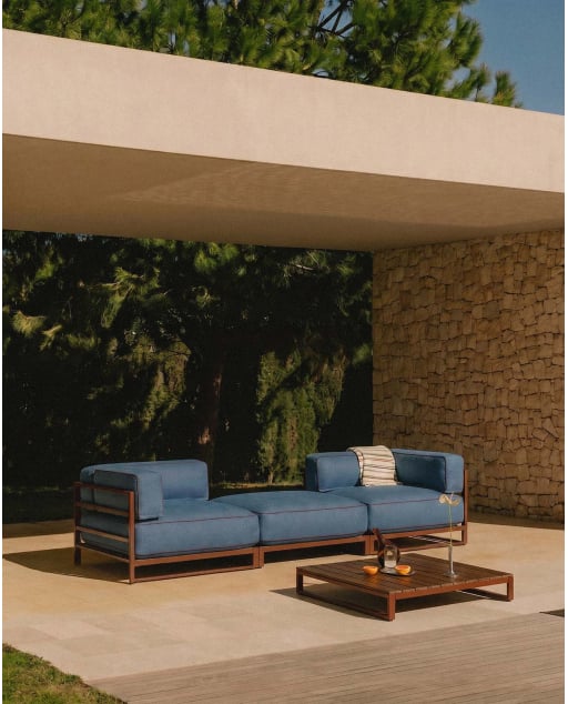 Set da Giardino con 2 Moduli Angolari, Modulo Pouf e Tavolino da Caffè in Metallo e Tessuto Kristen