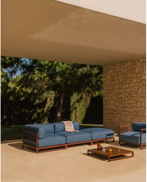 Set da Giardino con Modulo Angolare, Modulo Centrale, Modulo Pouf, Poltrona e Tavolino in Metallo e Tessuto Kristen