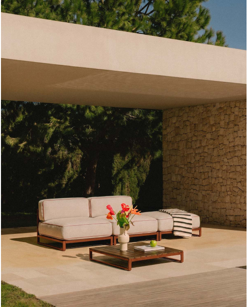 Set da Giardino con 2 Moduli Centrali Modulo Pouf e Tavolino in Metallo e Tessuto Kristen