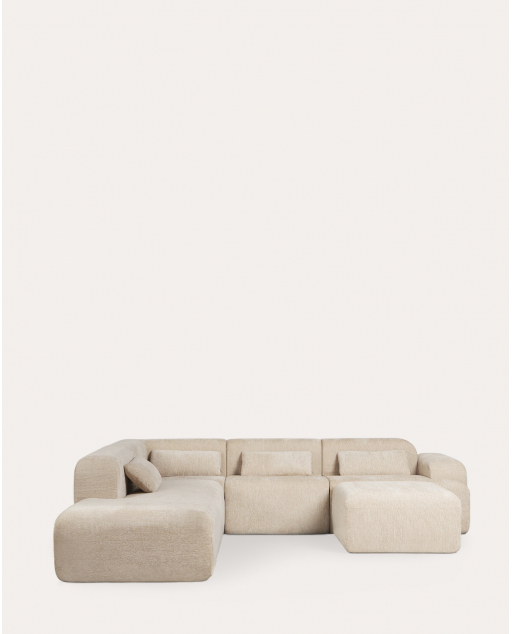 Set divano modulare a 4 pezzi, confezionato sottovuoto, con moduli angolari, modulo centrale, chaise longue e pouf in tessuto Rh - Beige Seashell