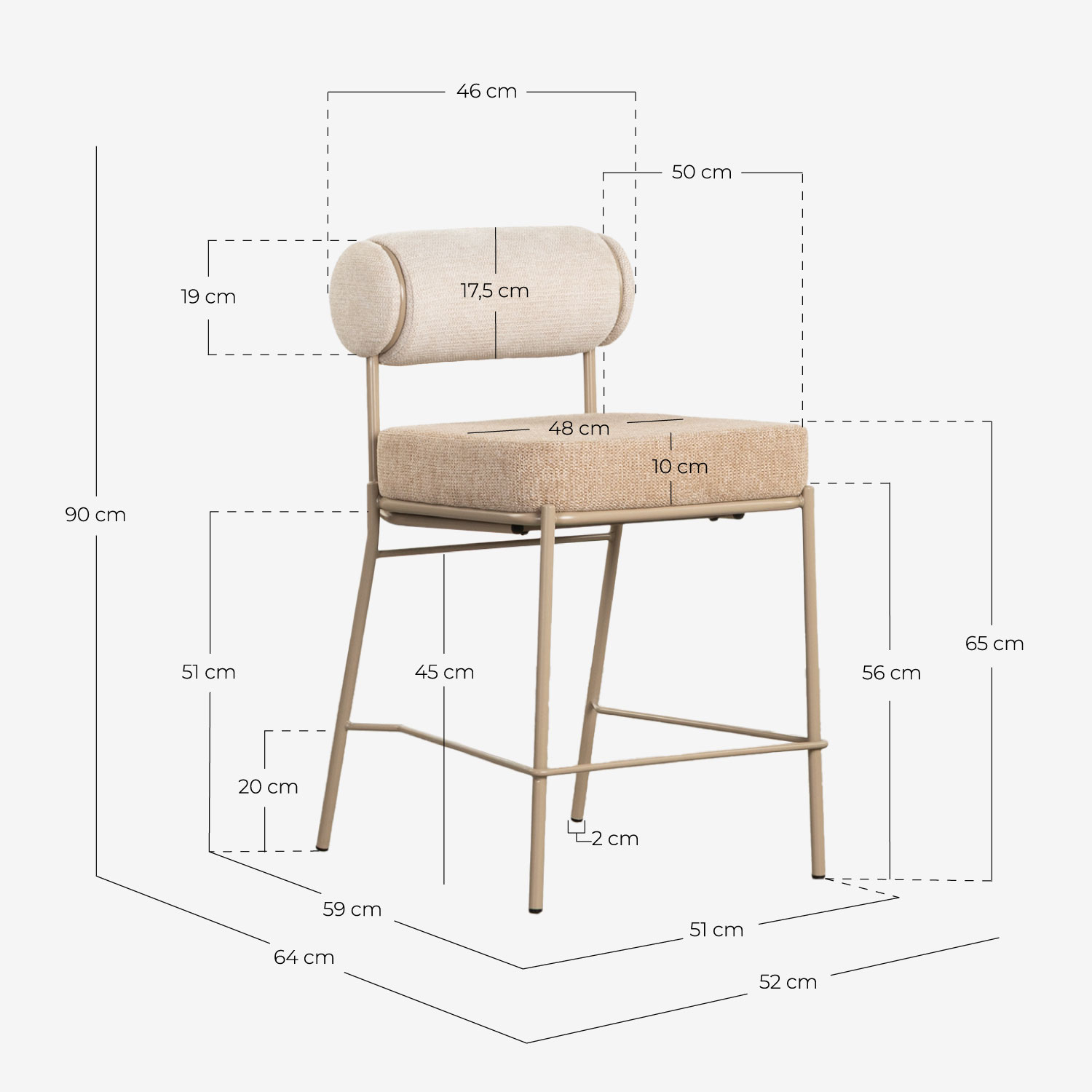 Sgabello alto 65 cm in tessuto e metallo Elin Soft, Misure