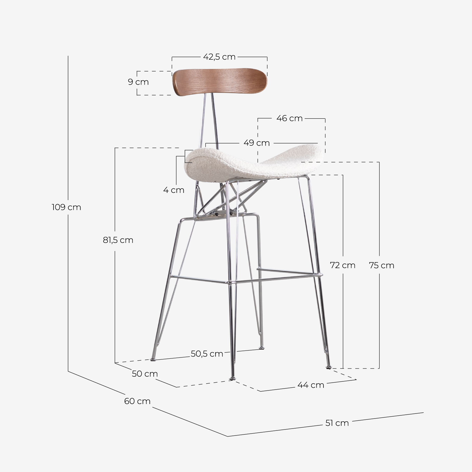 Set di 2 sgabelli bar 75 cm in tessuto e legno Brunela, Misure