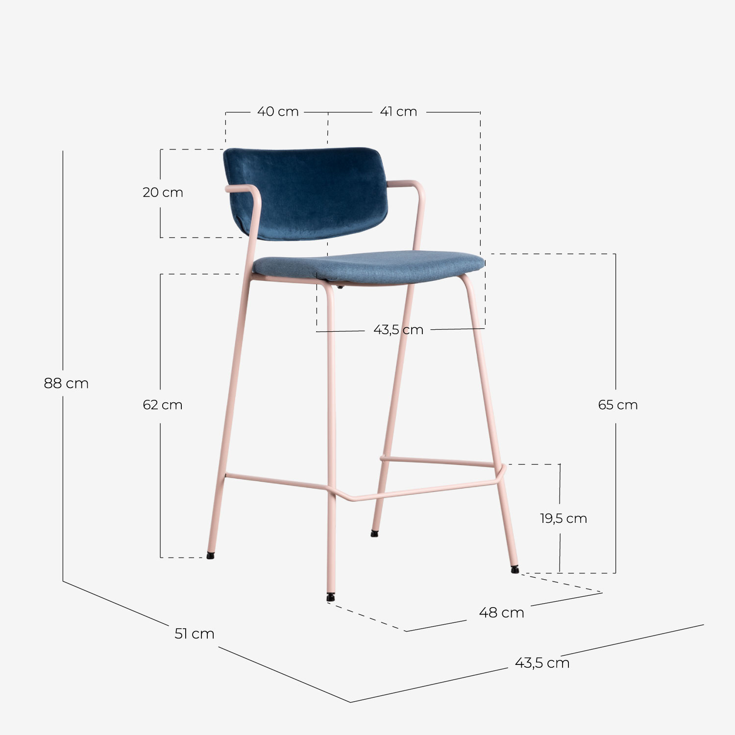 Sgabello alto 65 cm in velluto e tessuto Irun, Misure